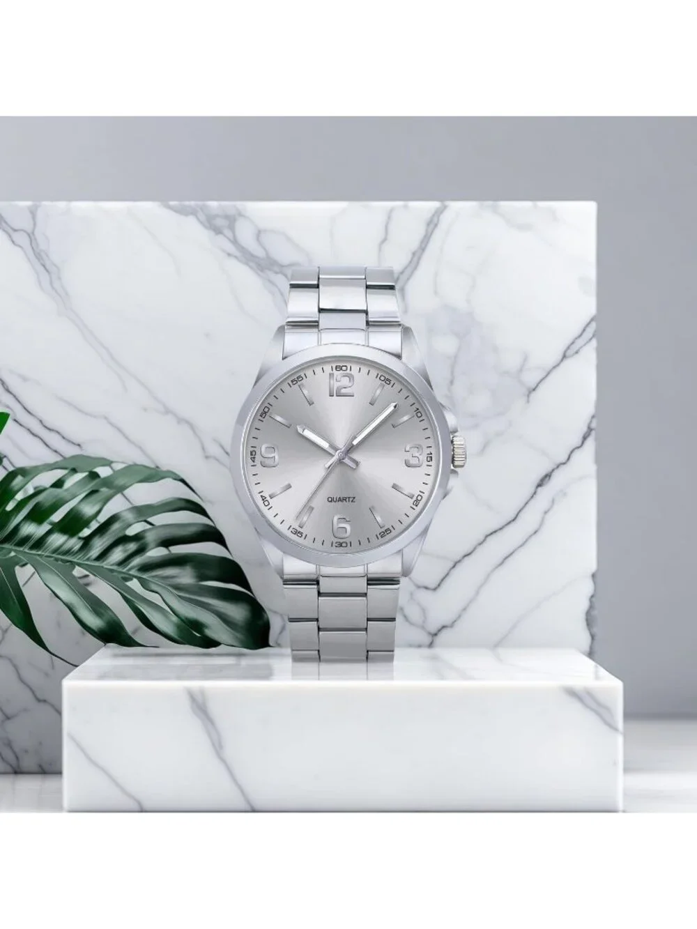 Men's All Silver Analog Stainless Steel Case Arabic Numerals Classic Wrist Watch